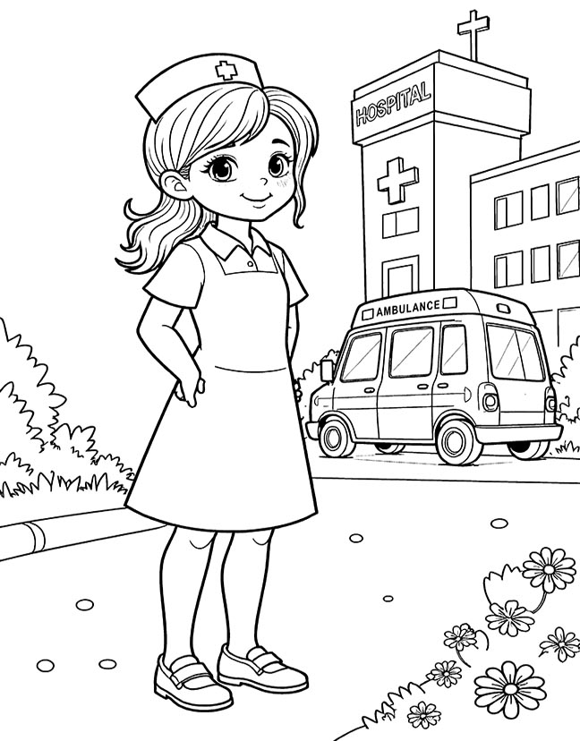 Nurse with ambulance coloring page Nurse with ambulance coloring page